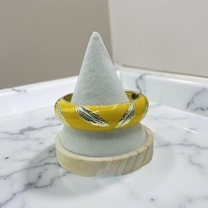 Yellow with Gold Feathers Design Thick Enamel Bangle Bracelet